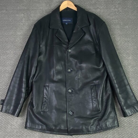 London Fog Leather Jacket Men's Large Black Button Front Zip In Liner Lined - Picture 1 of 16
